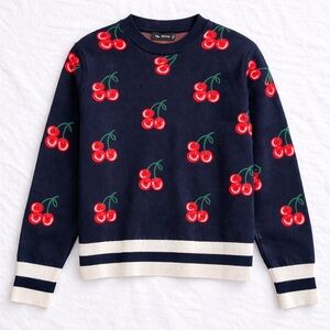 VG Edition Cherry Print Knit Sweater Navy Red Cream Size Small